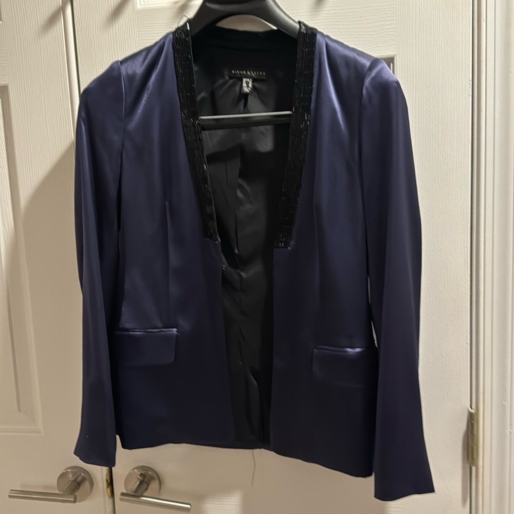 Adrian Mattox Silk Blend Navy Blazer with Black embellished collar